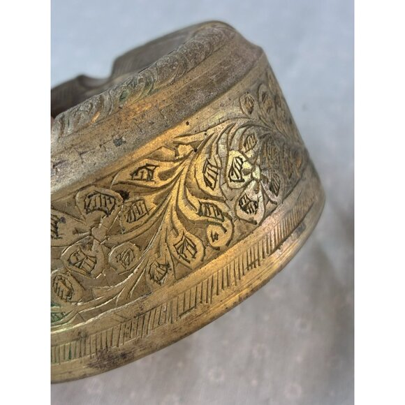 VTG Hand Etched Brass Ashtray Floral Pattern India Boho Decor Trinket Dish - Picture 2 of 7